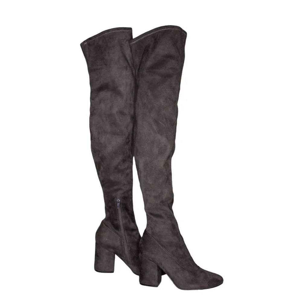 Marc Fisher Over The Knee Boots Stretch Fabric Gray Chunky Block Heel 6.5M